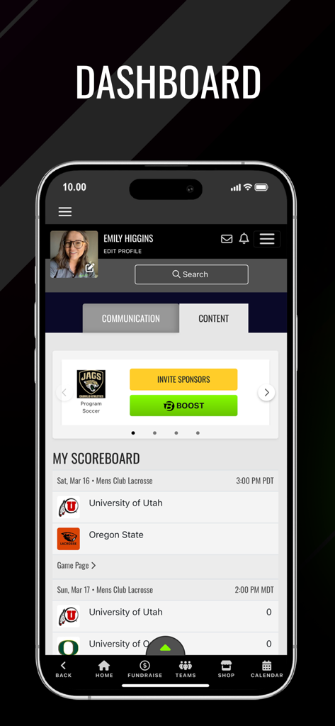 Blast Athletics - Blast Athletics mobile dashboard featuring a team scoreboard and fundraising options