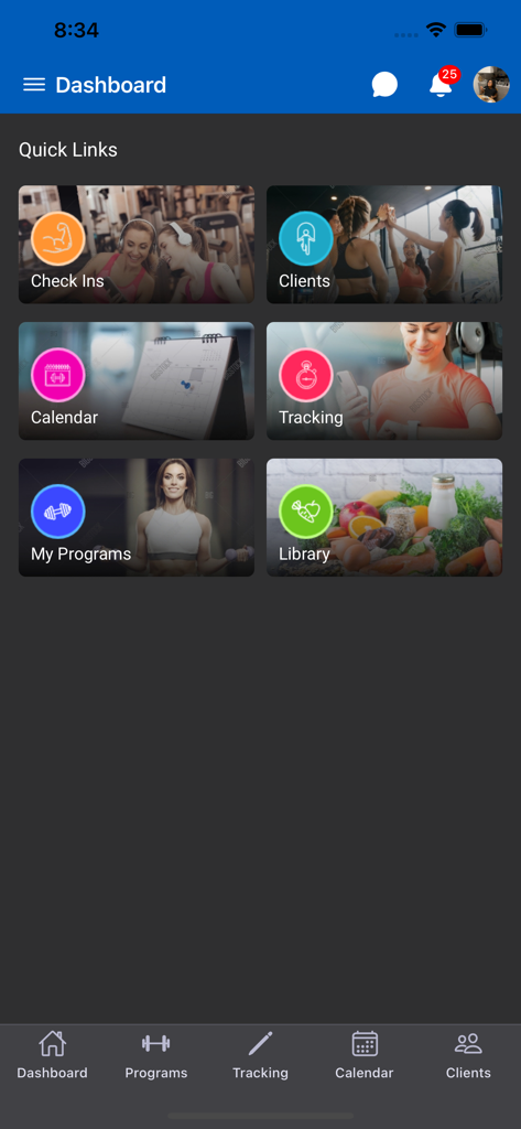 Elite Trainr - Elite Trainr mobile app dashboard showing quick links for workout tracking and fitness management