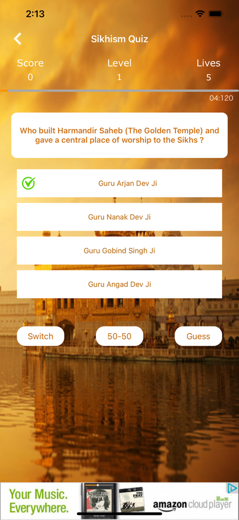 iNitnem Pro - Interface of the iNitnem Pro app showing a Sikhism quiz question about the Golden Temple with Guru Arjan Dev Ji as the correct answer.