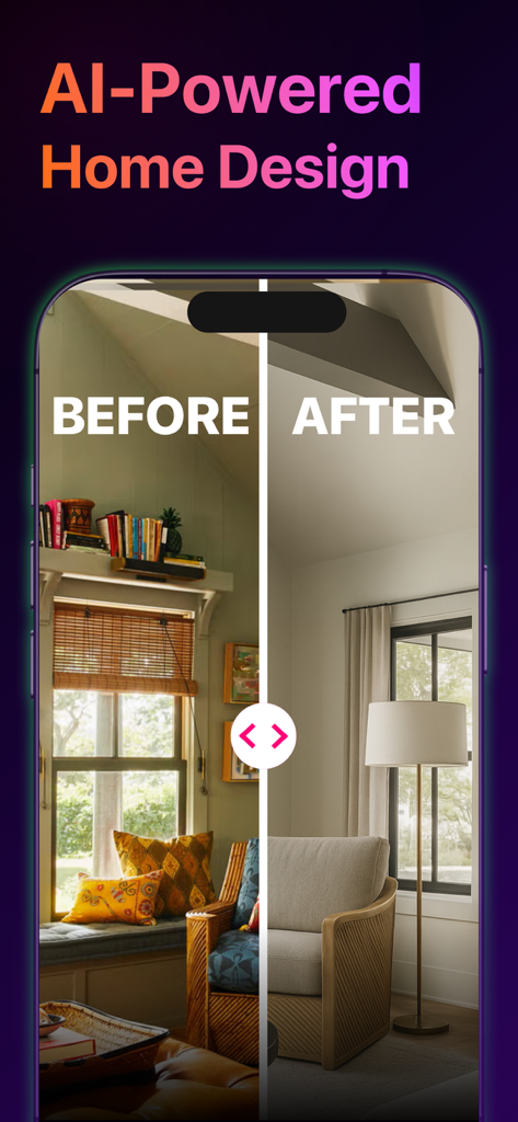 Comparación de antes y después de un interior de habitación utilizando el diseño de hogar con IA.