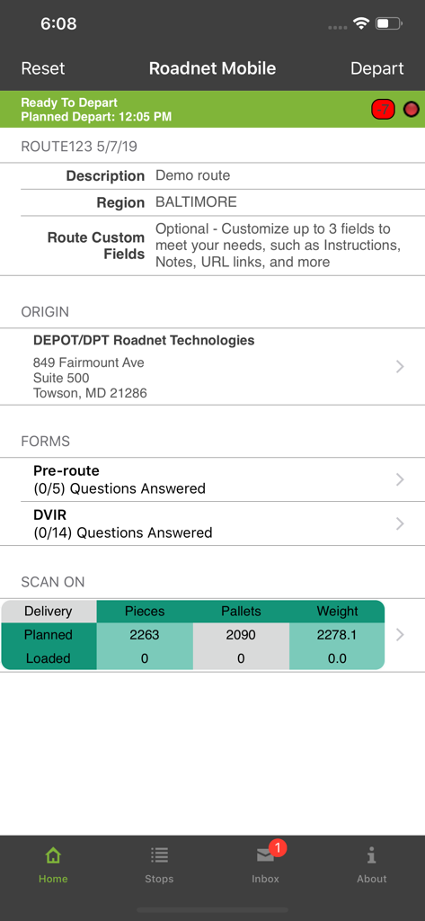 Roadnet Mobile app interface showing delivery route details and cargo load status