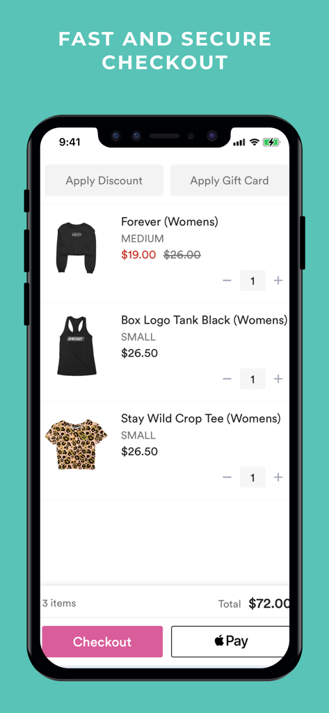 Shreddy - Shreddy mobile app checkout page showing a shopping cart with womens activewear and Apple Pay integration