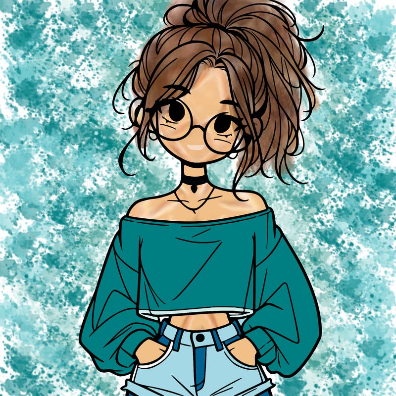 girl with a messy ponytail glasses a baggy crop top and jean shorts