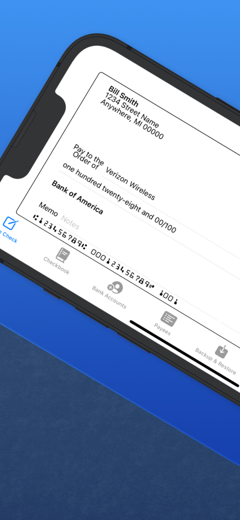 Check Writer: Print Checks - A mobile app interface showing a digital check preview with MICR font and bank details
