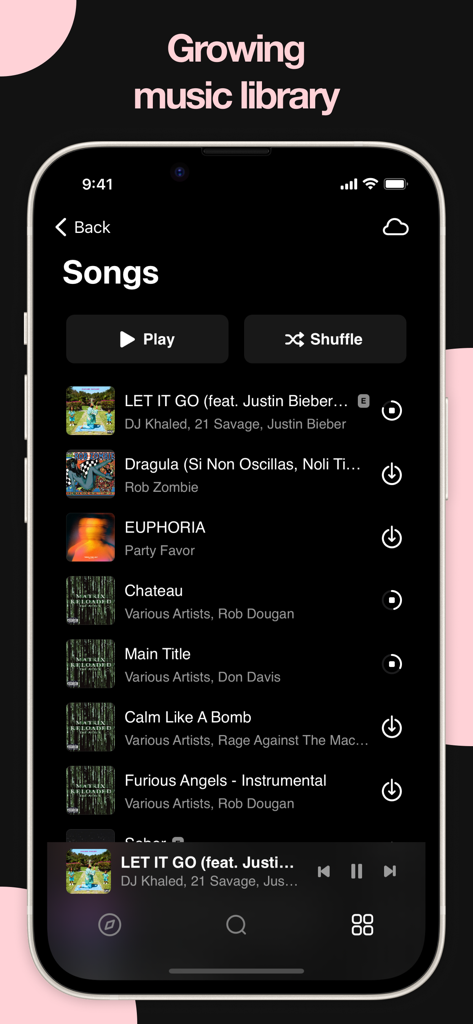 PewPee: Music Player Offline - PewPee app interface showing a list of songs with play shuffle and offline download buttons