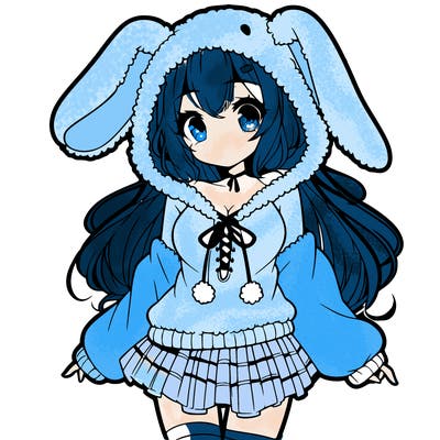 pretty anime girl wearing a fluffy hoodie with bunny ears on the hood and a skirt