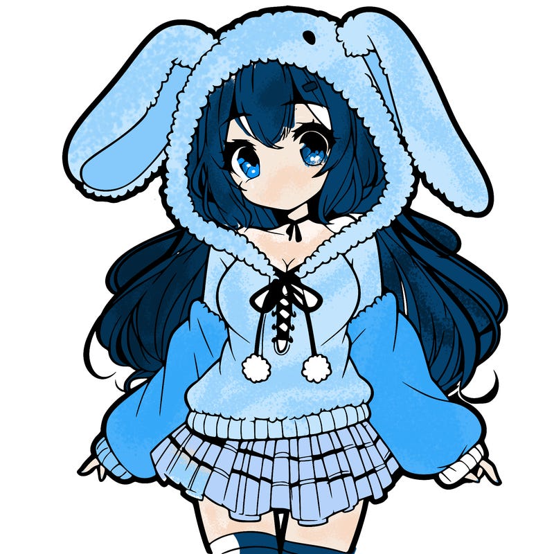 pretty anime girl wearing a fluffy hoodie with bunny ears on the hood and a skirt