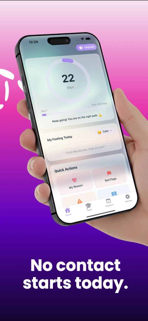 Reclaim : No Contact Journey - iPhone screen displaying Reclaim app with a 22 day no contact streak counter and mood tracker
