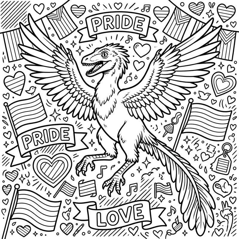 Unleash your creativity with this unique coloring page featuring an Archaeopteryx joyfully celebrating Pride Month. It's a wonderful way to honor diversity and love while exploring ancient history.