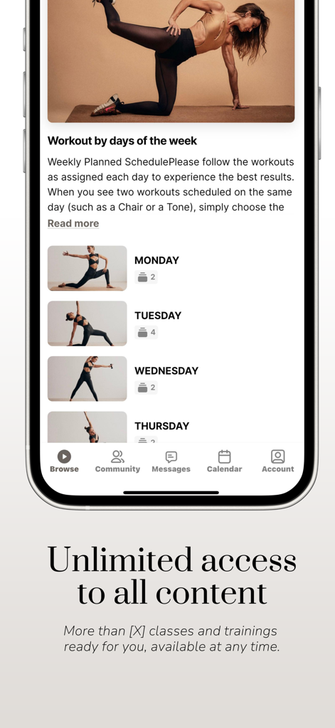 Swan by Carolina app screen showing a weekly planned workout schedule with exercise thumbnails and daily sessions.