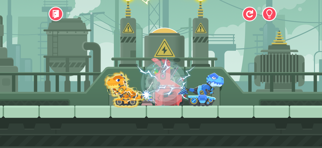 Mechanical dinosaur trucks in an industrial factory level of Dinosaur Coding.