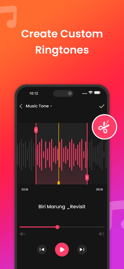 MP3 Cutter ‣ Ringtone Maker - Interface of the ToneCraft app showing a music trimmer tool for creating custom iPhone ringtones