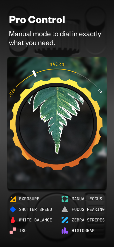 Interface of the Not Boring Camera app showing pro manual controls including focus peaking and exposure settings