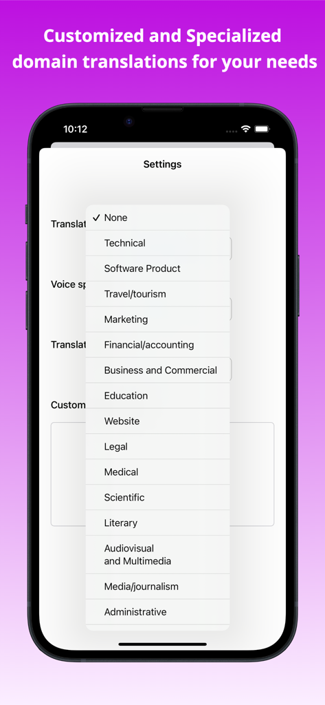 XTranslate AI - XTranslate AI app screenshot showing specialized domain translation options including technical legal and medical settings