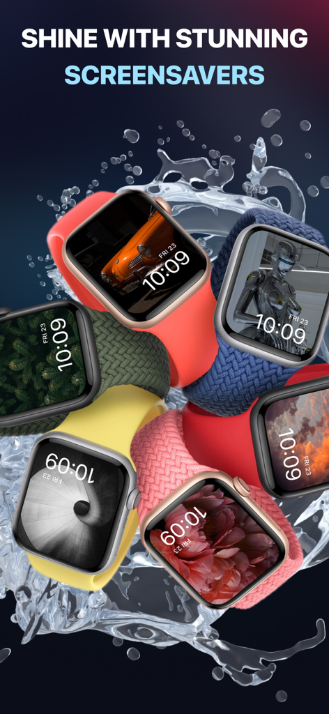 Spark Pro Screensaversアプリの多様な芸術的な背景を持つ様式化されたApple Watchフェイスのコレクション