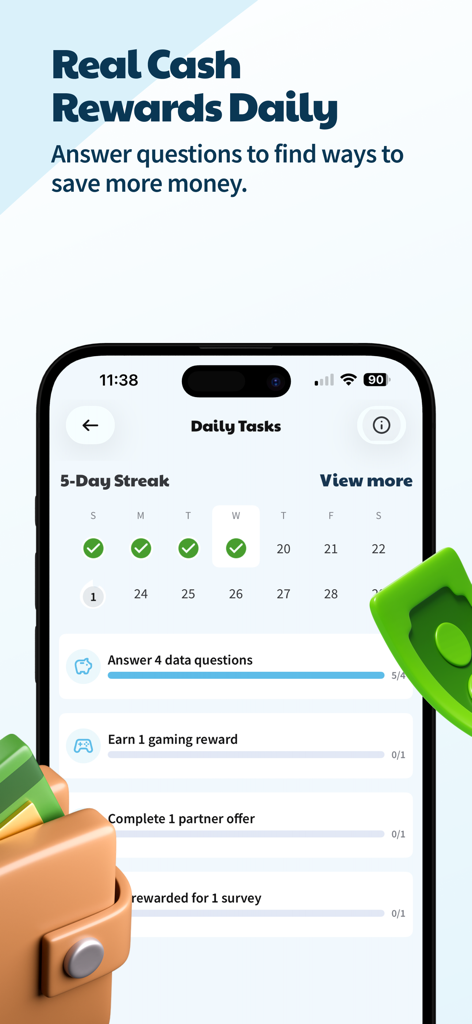 ATMアプリの毎日のタスク画面。収益の連勝記録と収益オプションが表示されています