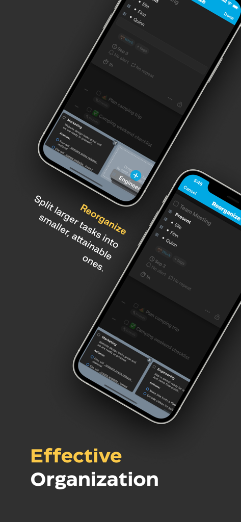 Sorted³ - Calendar Notes Tasks - Sorted3 app interface on iPhone showing the feature to split large tasks into smaller ones for better organization.