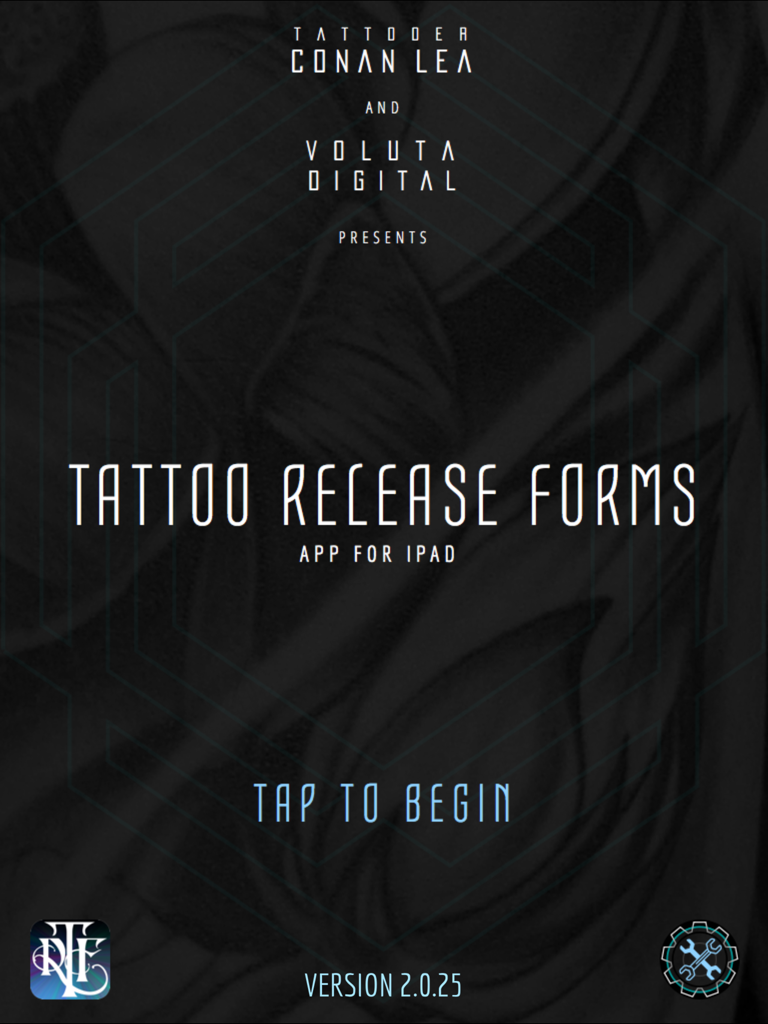 Tattoo Release Forms - Home screen of the Tattoo Release Forms app for iPad featuring the title and a tap to begin button
