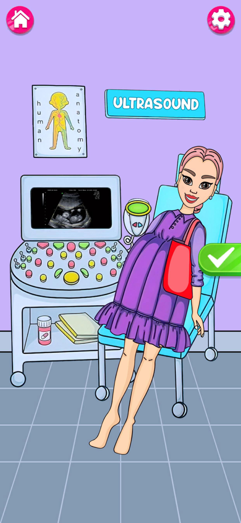 DIY Sweet Paper Doll: Dress Up - Un personaje de muñeca de papel embarazada sentada en una clínica médica para un chequeo de ultrasonido.