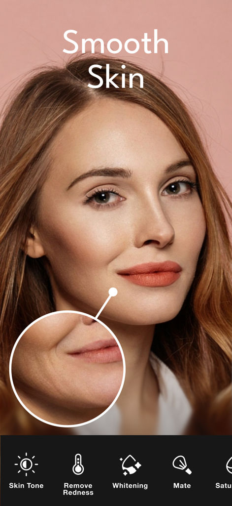 Persona: AI Beauty Editor - A woman using the Persona AI Beauty Editor app to apply a smooth skin filter and professional photo retouching tools