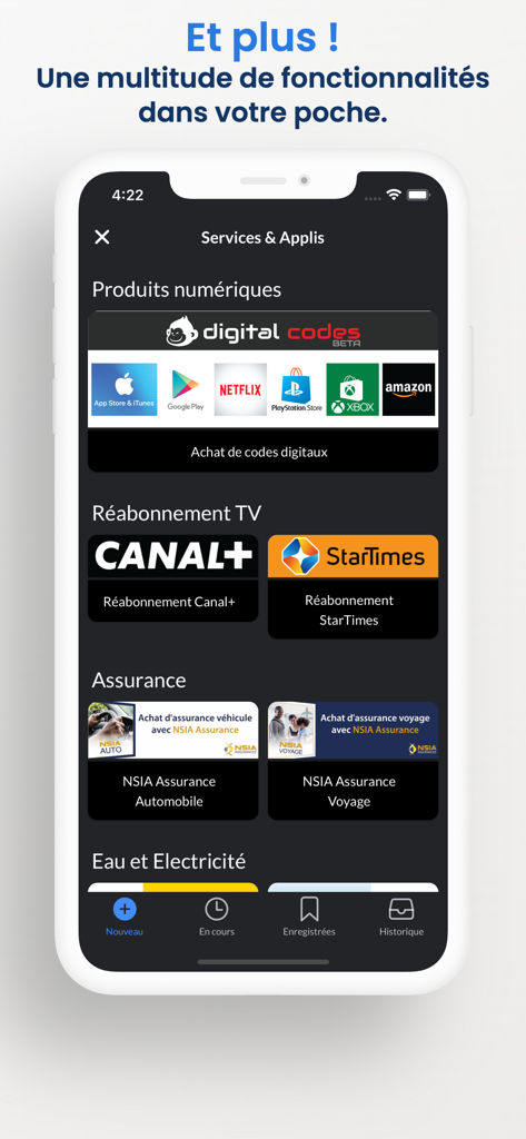 PayCard mobile app services screen showing digital products TV subscriptions insurance and utility payment options