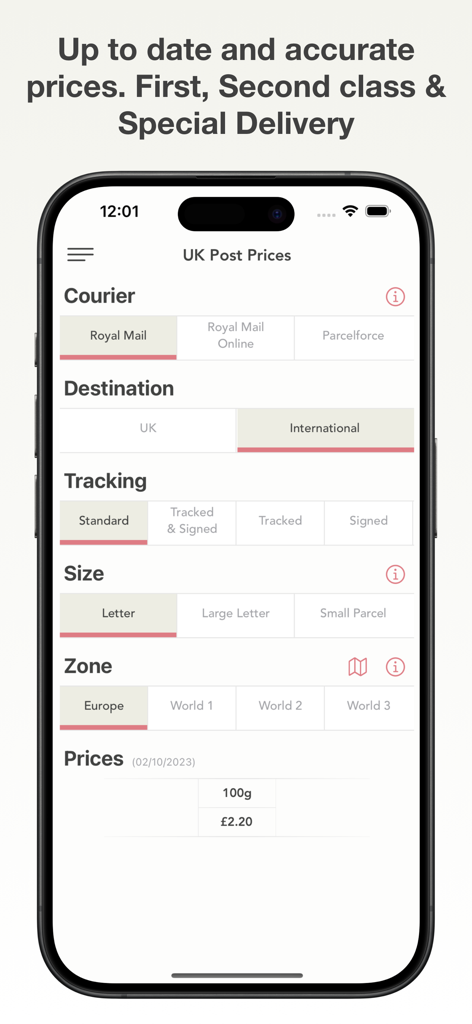 UK Post Prices - Interface of the UK Post Prices app showing Royal Mail international shipping rates and delivery options