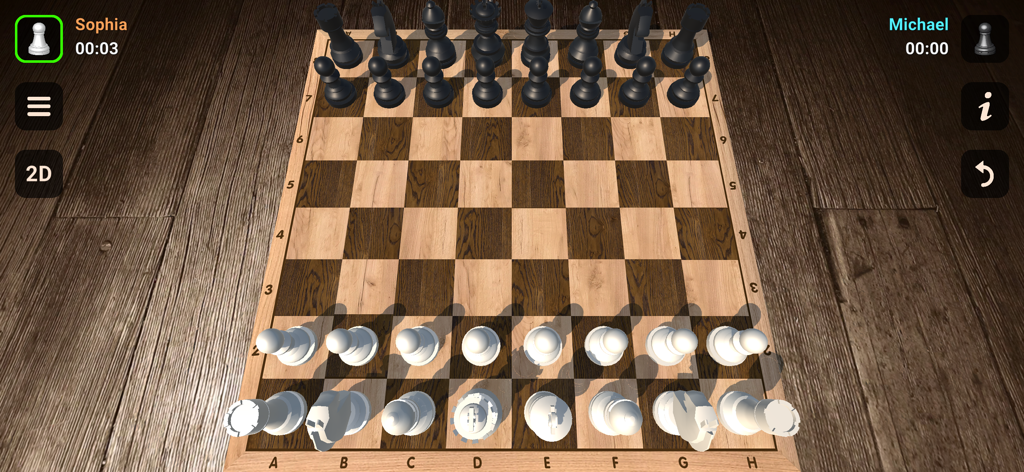 Chess - Two players - A 3D chess game interface showing a wooden board with black and white pieces and names of two players