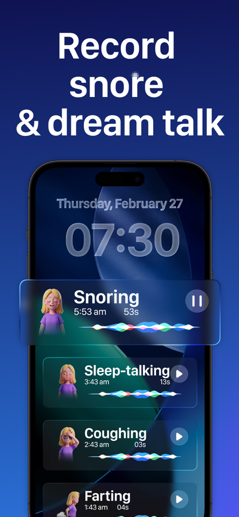 Sleep Tracker: Sleep Recorder - Interfaz de la aplicación móvil que muestra registros de ronquidos y habla mientras se duerme con formas de onda y botones de reproducción