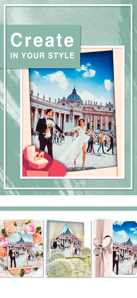 Multi photo frames editor app - App screenshot showing wedding themed photo frames with a couple in front of a cathedral