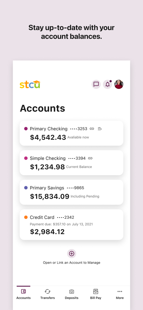 STCU Mobile Banking - STCU Mobile Banking app dashboard showing checking and savings account balances