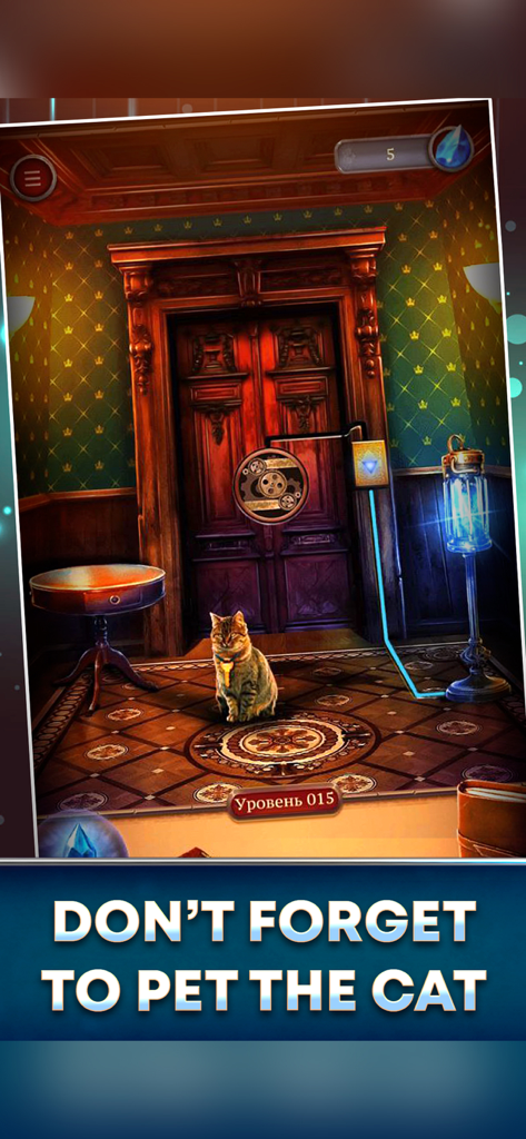 100 Doors Escape Room - Capture d'écran du gameplay de 100 Doors Escape Room montrant un chat dans une pièce de manoir victorien avec une porte en bois ornée.