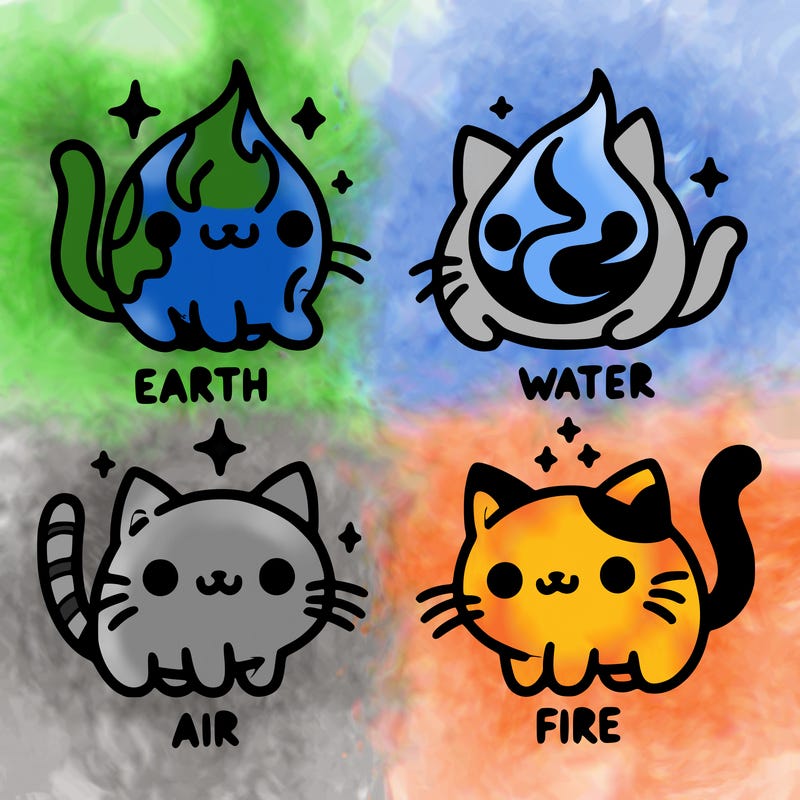 4 cats that represent the different elements, earth, water, air, and fire