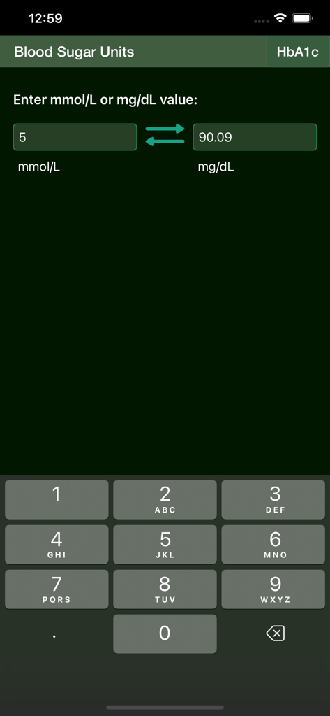 Blood sugar converter app interface displaying mmol/L to mg/dL conversion