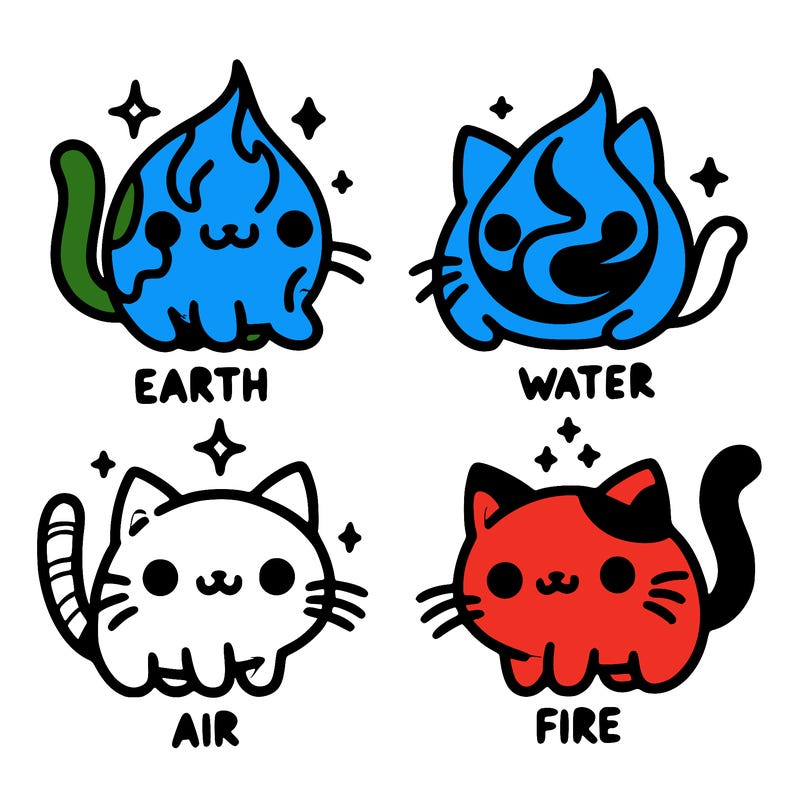 4 cats that represent the different elements, earth, water, air, and fire