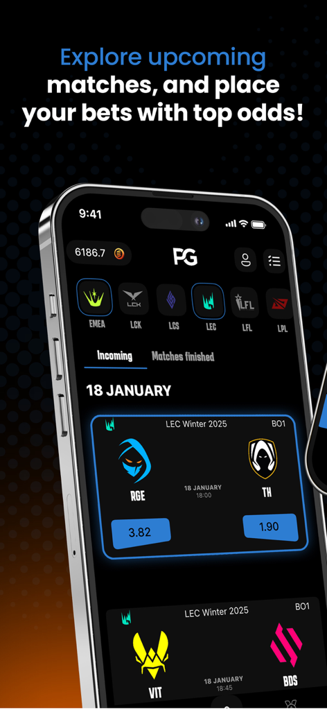 ProGames: Esports Predictions - Interfaccia dell'app ProGames che mostra le prossime partite di League of Legends e le quote di pronostico