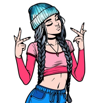 realistic teenage girl with braids and a beanie and crop top doing 🫶🏼