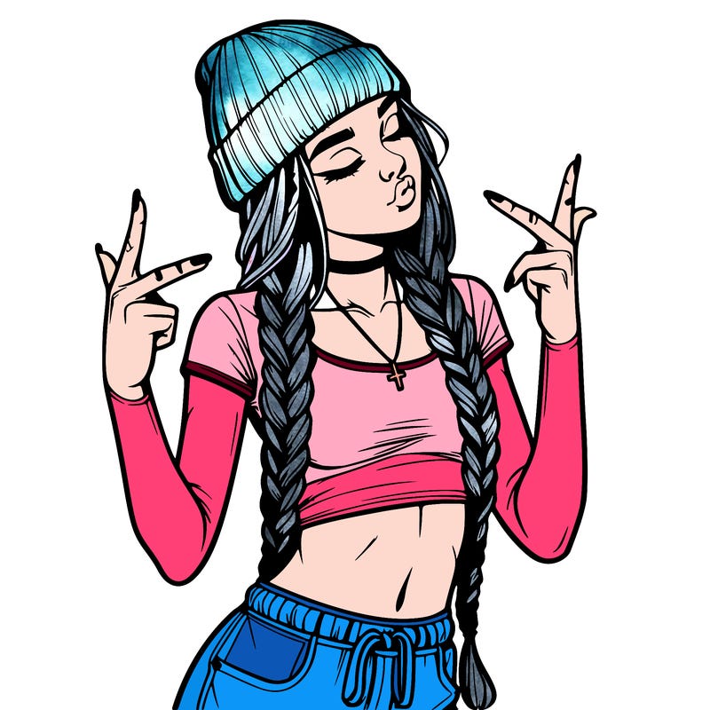 realistic teenage girl with braids and a beanie and crop top doing 🫶🏼