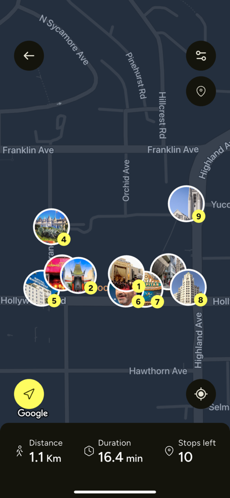 Interactive Los Angeles tour map showing numbered landmark stops and trip duration in the BYG TOURS AI app
