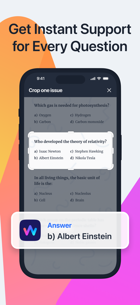 Whiz: Homework, Math AI Helper - Whiz mobile app interface showing how to scan a quiz question and get an instant AI answer