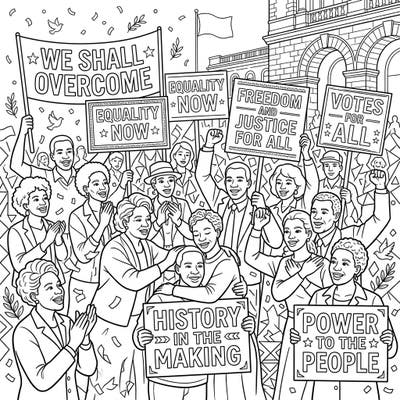 Capture a pivotal moment in history with this powerful coloring page depicting a civil rights protest. Join the diverse crowd holding signs of hope and equality, bringing this inspiring scene to life with your colors.