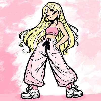 girl in baggy pants crop top and long hair