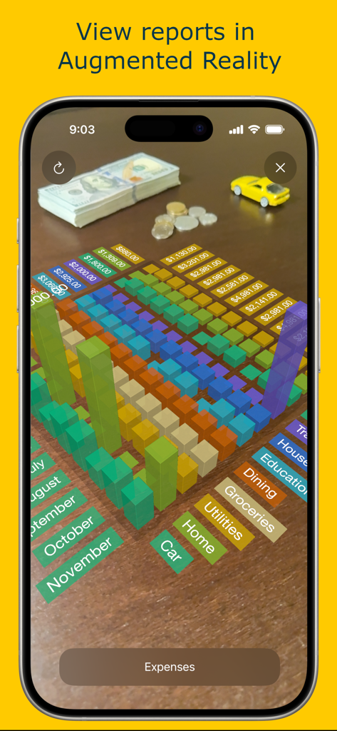 Money Pro 앱 내 증강 현실에서 3D 지출 보고서