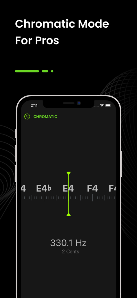 Guitar Tuner - GuitarTunio - Screenshot der Guitar Tunio App, die den chromatischen Stimmmodus für fortgeschrittene Musiker anzeigt