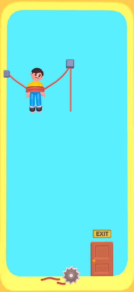 Save the Boy: Rescue Puzzle - A character suspended by red ropes in a level of Save the Boy Rescue Puzzle with a buzzsaw and exit door