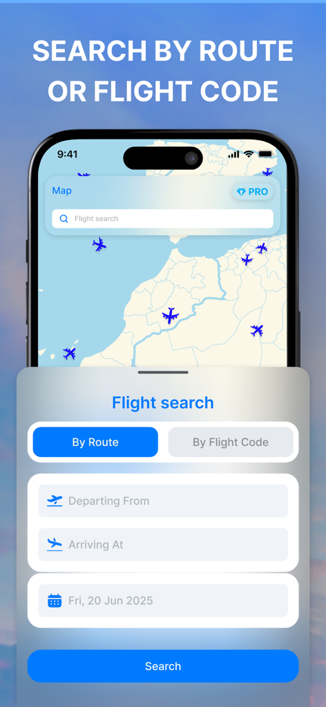 Flight Tracker: Plane Finder‧ - Flight search interface for searching by route or flight code with an interactive radar map background