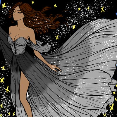 realistic woman in dress flowing the the wind