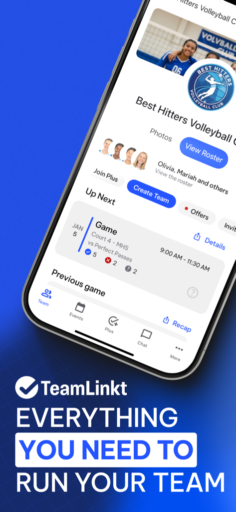 TeamLinkt - Sports Team App - TeamLinkt mobile app interface showing a sports team schedule and roster management screen