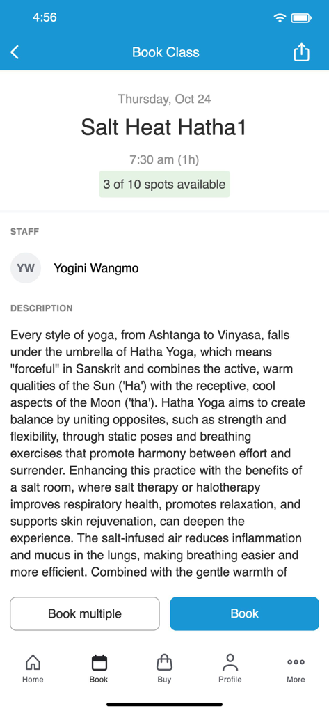 Sky Yoga International - Booking details screen for a Salt Heat Hatha yoga class on the Sky Yoga International app