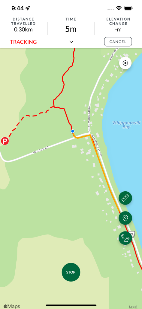 Bruce Trail App - Pantalla de seguimiento de la aplicación Bruce Trail que muestra un mapa con una línea de sendero roja y estadísticas de distancia