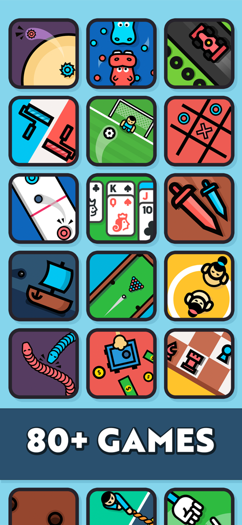 Uma grade de ícones coloridos representando uma coleção de mais de 80 mini-jogos para dois jogadores